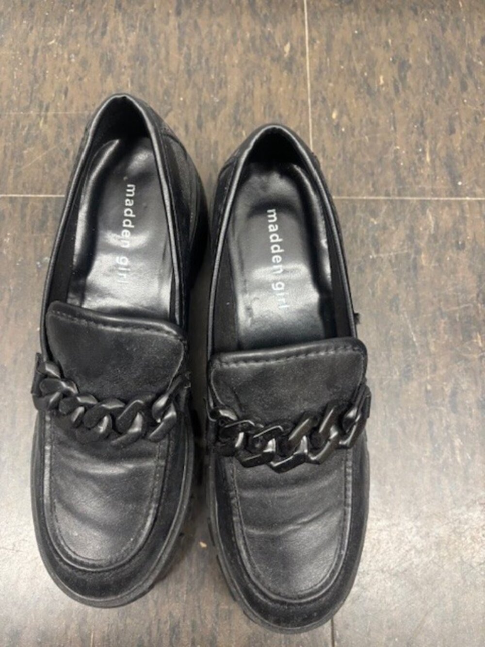 Women's Madden Girl Black Loafers with lug soles and chain detail, size 8